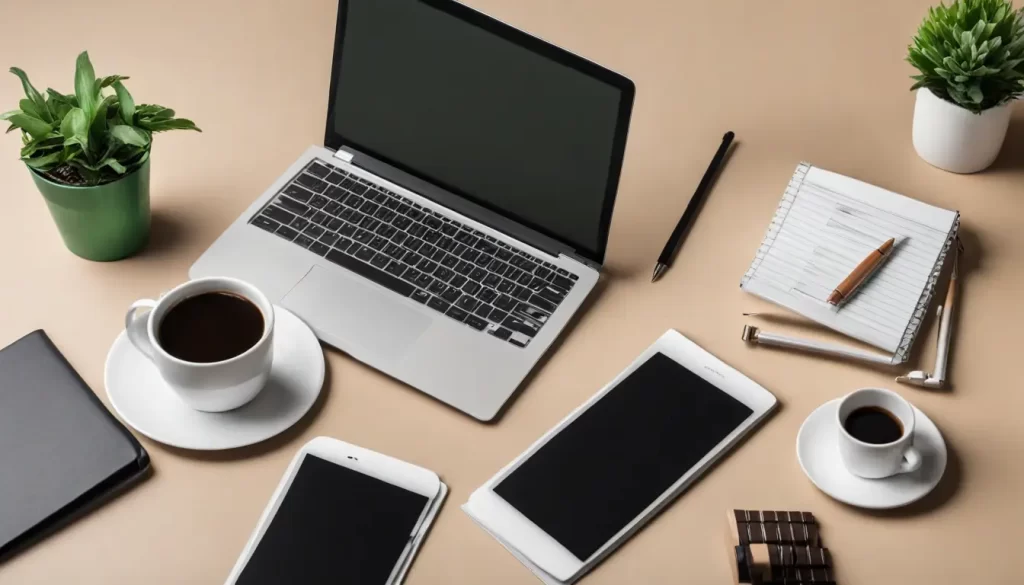 Mesa de escritório com laptop mostrando gráficos de marketing, caderno aberto, smartphone, xícara de café e planta pequena ao lado.