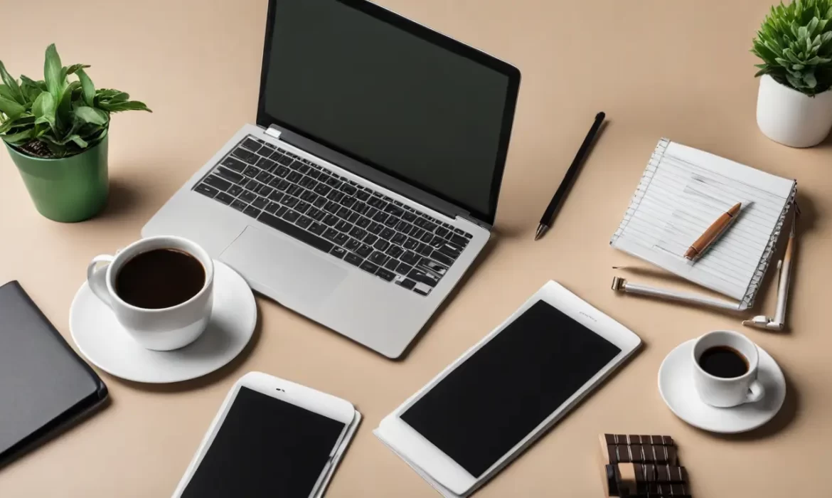 Mesa de escritório com laptop mostrando gráficos de marketing, caderno aberto, smartphone, xícara de café e planta pequena ao lado.